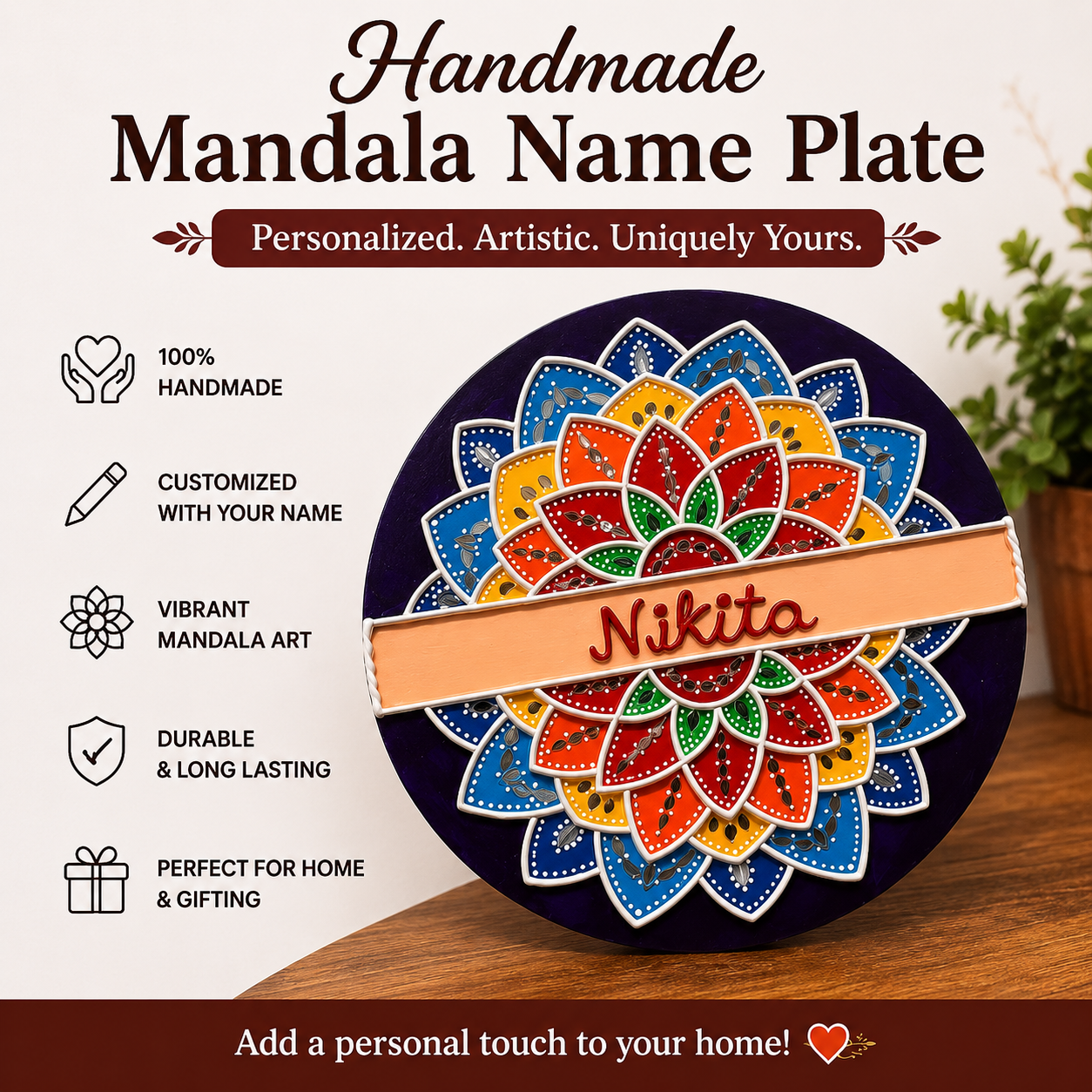 Handmade mandala name plate for home